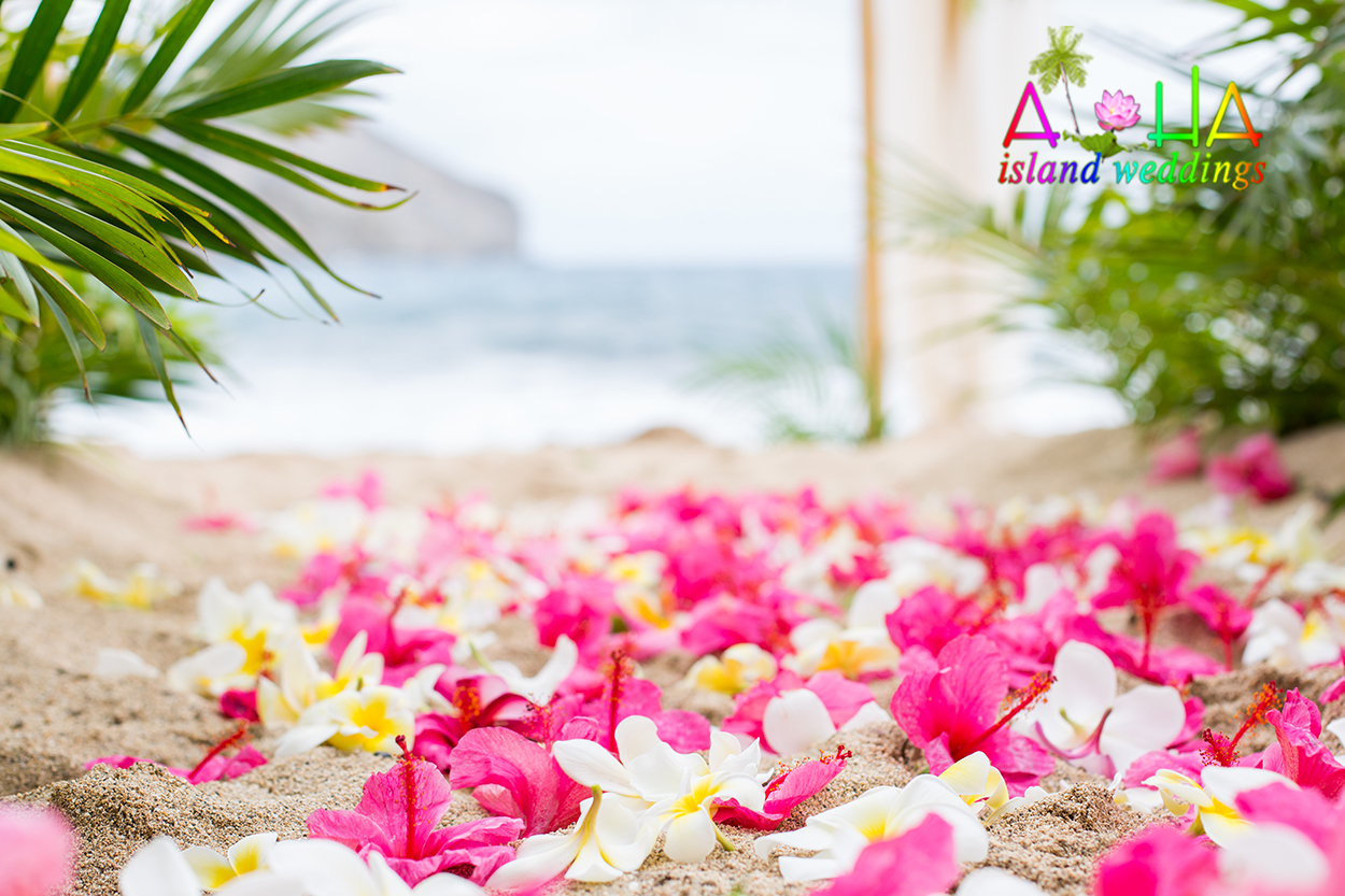 Light pink Hibiscus scattered on the sand for a beach wedding with palms and bamboo